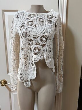 Ivory Crochet Line and Dot Coachella Openwork Long-Sleeve Top, med